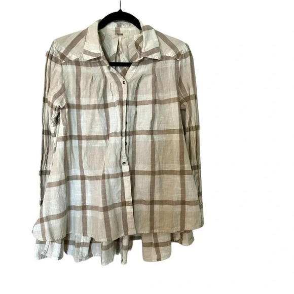 Free People Peppy in Plaid Women’s Long Sleeve Cream Peplum Style Top Size S GUC - Picture 1 of 7